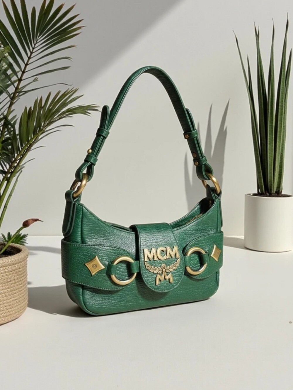 MCM Vintage Mini Hobo Green Leather Shoulder Bag with Gold Hardware